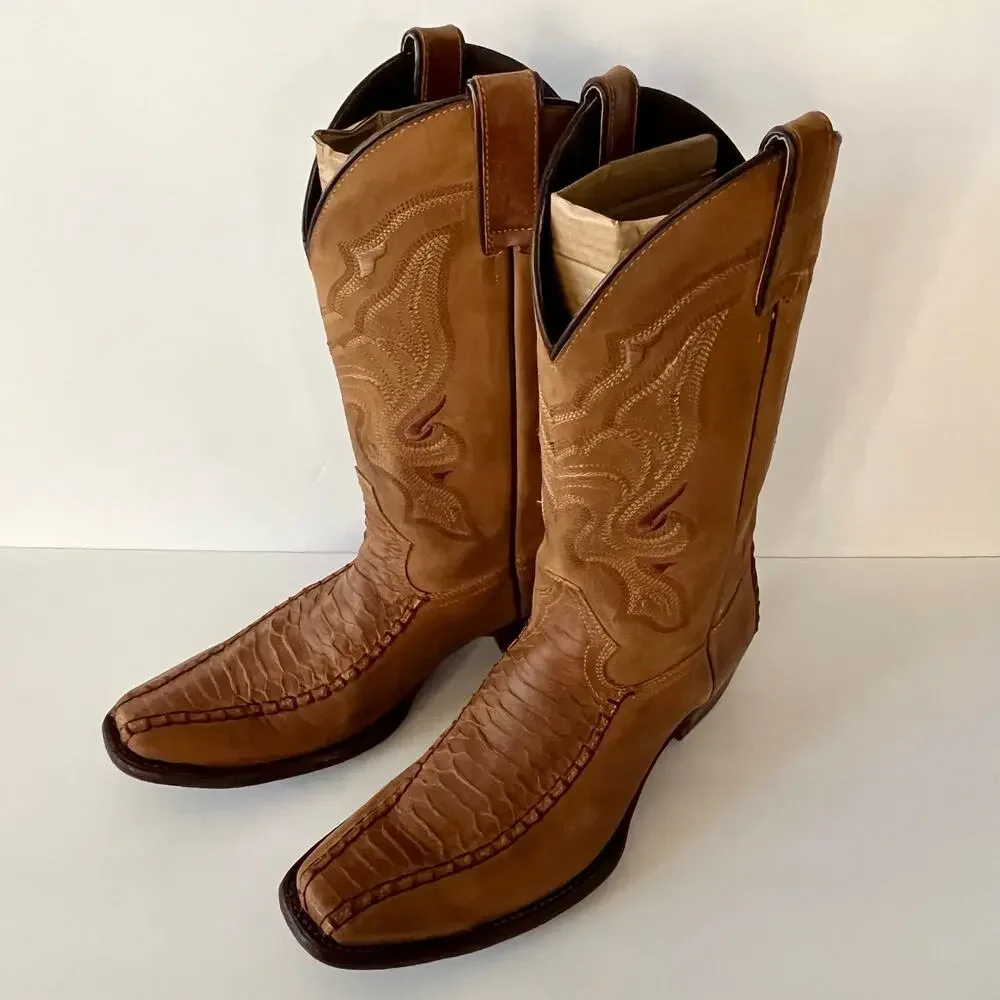 Forastero Bucklaced Tan Leather Western Boots Python Embossed Snip Toe Men’s 10